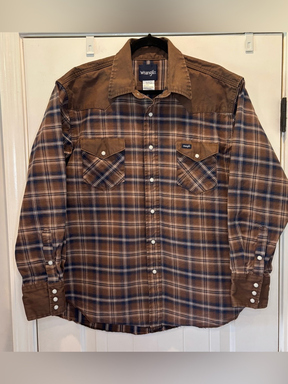 Wrangler Brushpopper Shirt Mens XL Brown Plaid Pearl Snap Western Outdoor
